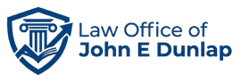 Law Office of John E Dunlap logo with blue shield and columns