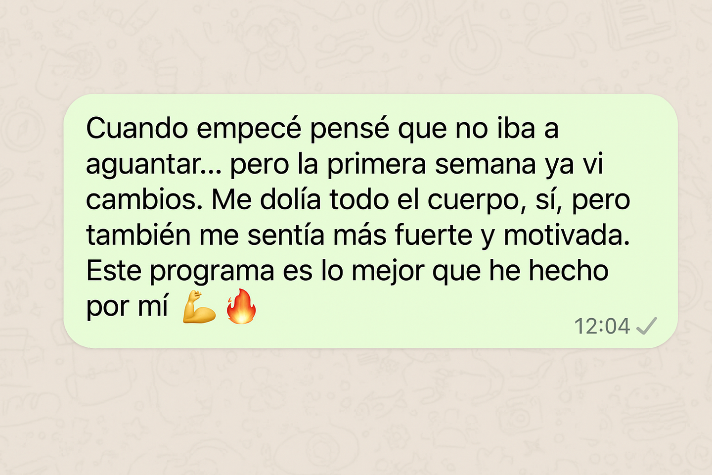 Captura de chat con un mensaje en español sobre cambios físicos y sentirse mejor con el programa, con emojis ??