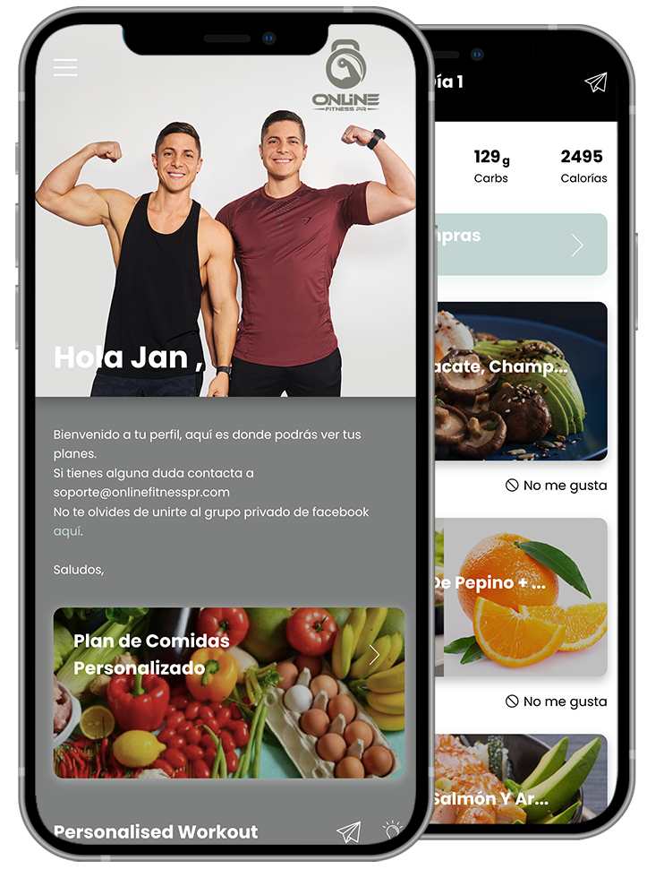 Fitness app home screen showing two trainers, personalized workout sections, and healthy meal cards