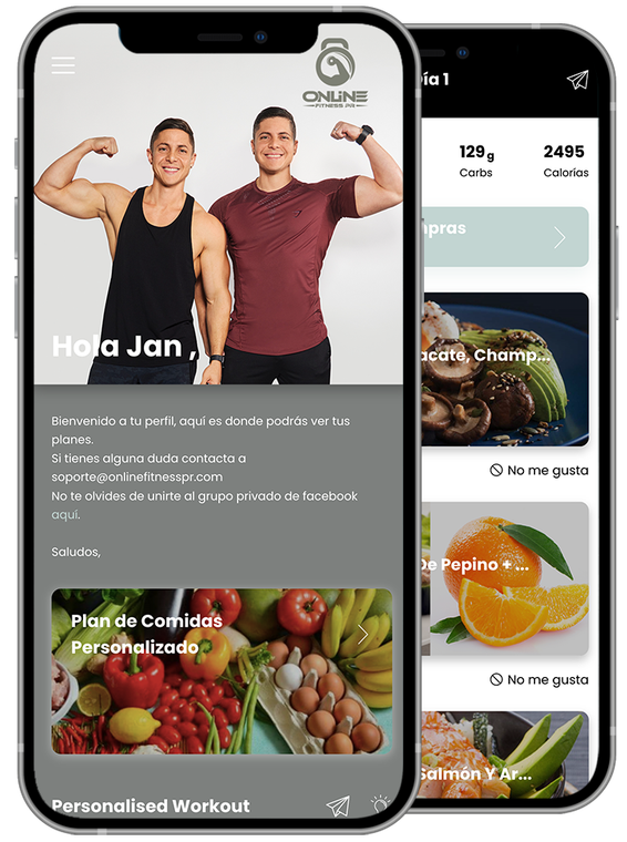 Fitness app home screen showing two trainers, personalized workout sections, and healthy meal cards