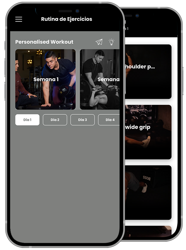 Two fitness app phone screens showing personalized workout plans and exercise thumbnails.