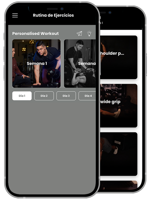 Two fitness app phone screens showing personalized workout plans and exercise thumbnails.