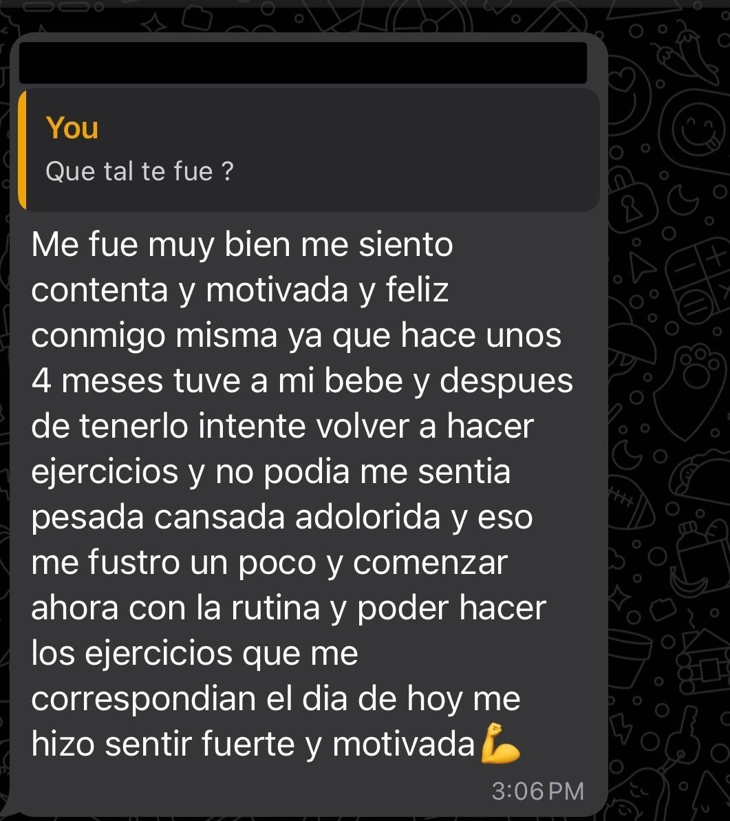 Chat screenshot of a Spanish message about feeling motivated and wanting to resume exercise after months away