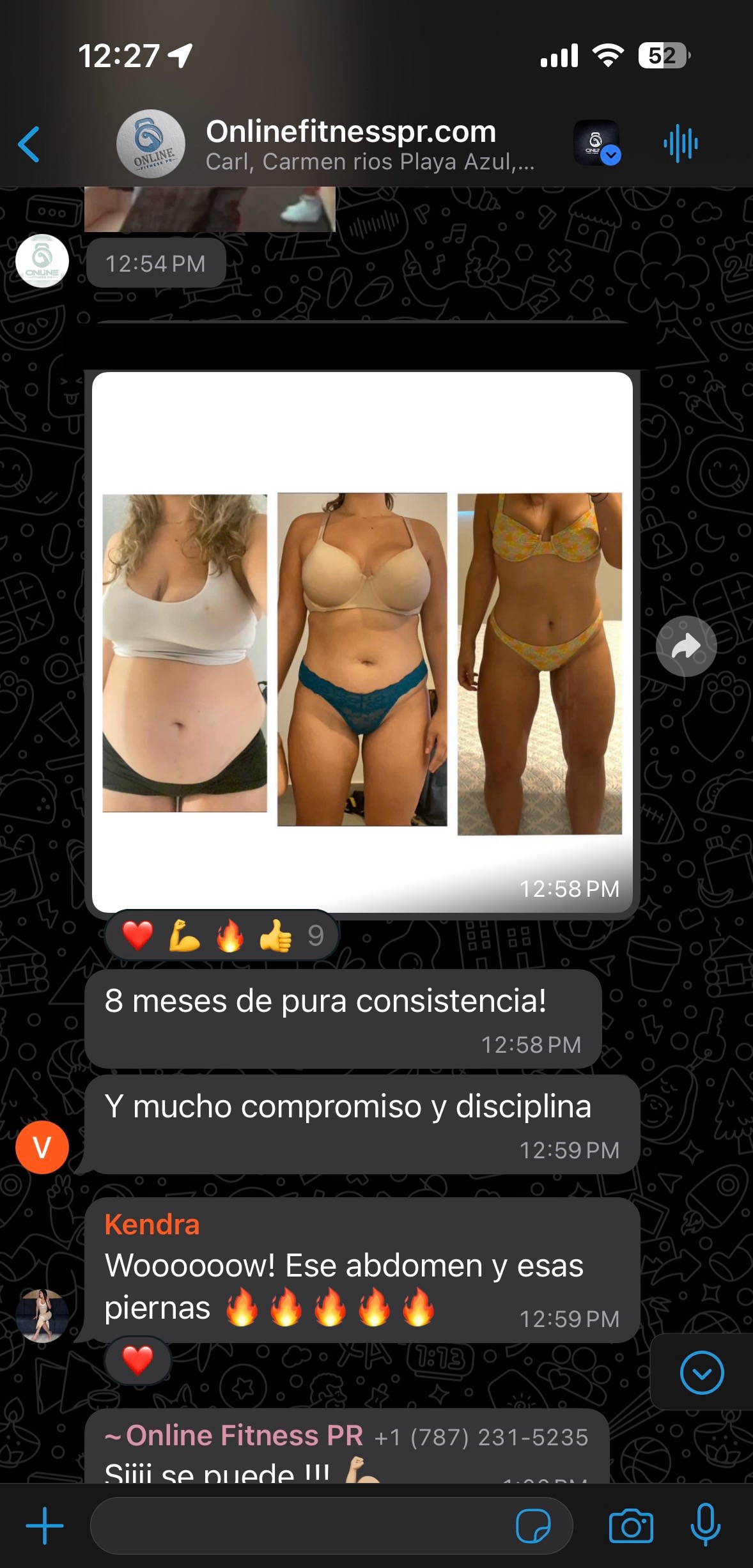 Mobile screenshot of a chat showing a collage of three swimsuit outfit photos and emoji reactions.