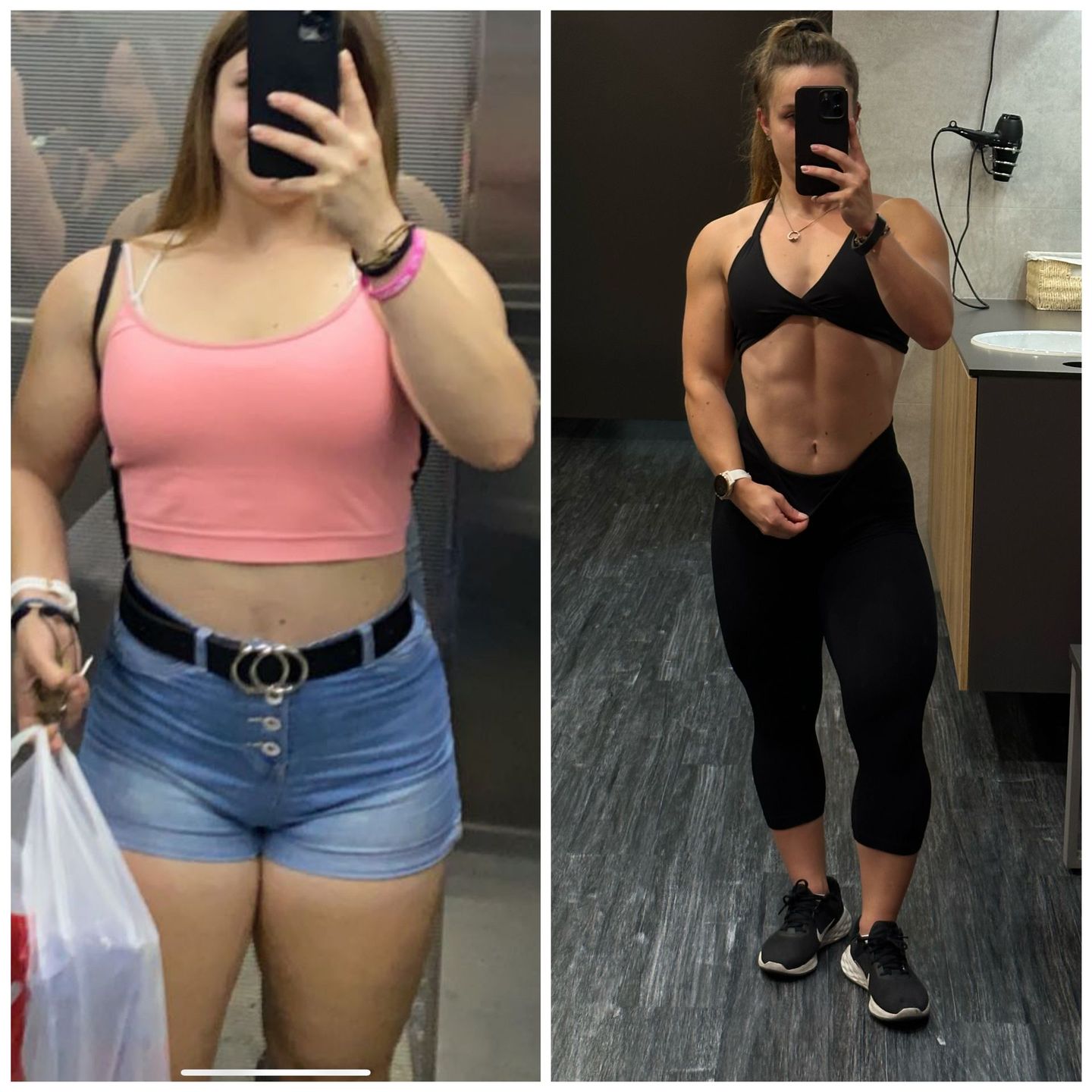 Side-by-side gym mirror selfies showing a woman before and after a fitness transformation.