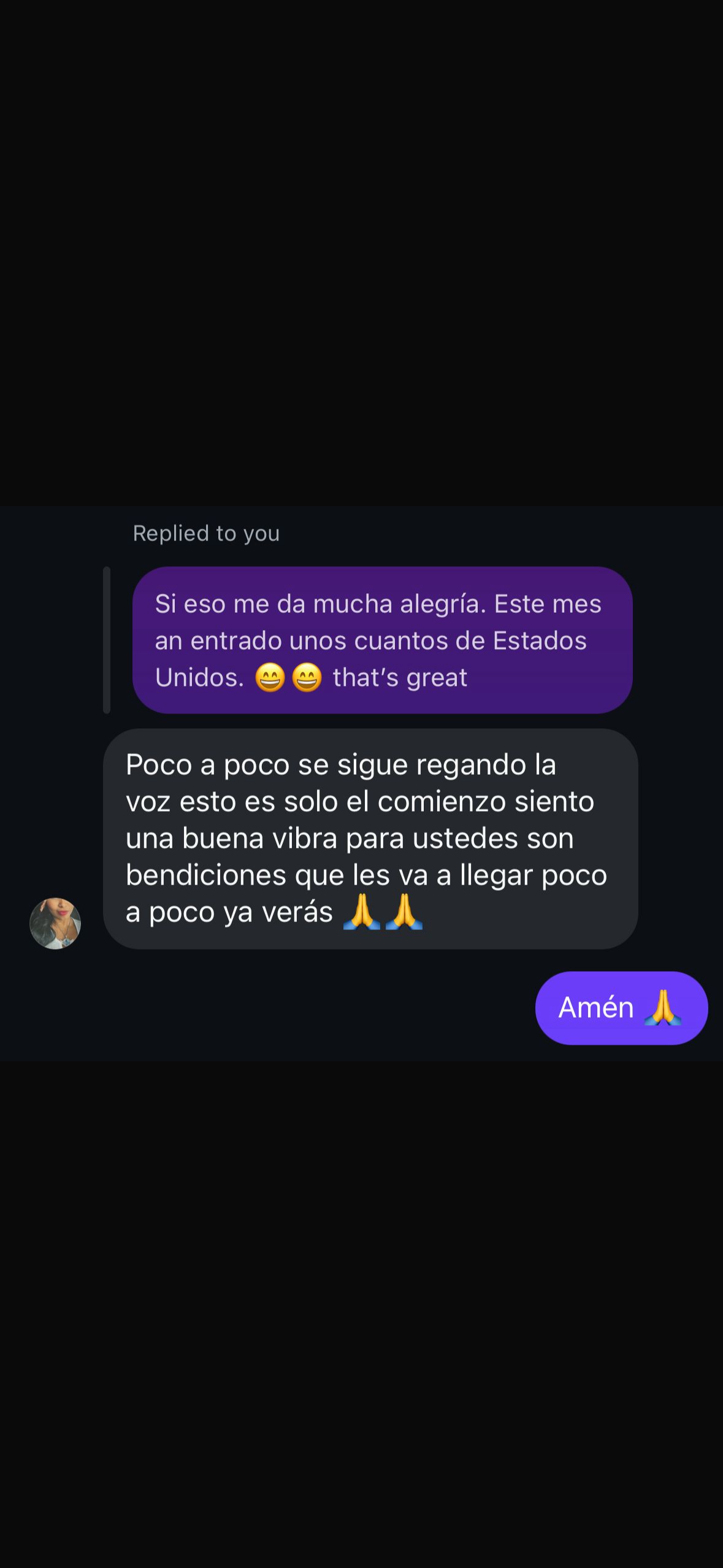 Dark-mode chat screenshot with purple and gray message bubbles and a small blue “ACK” reply button.