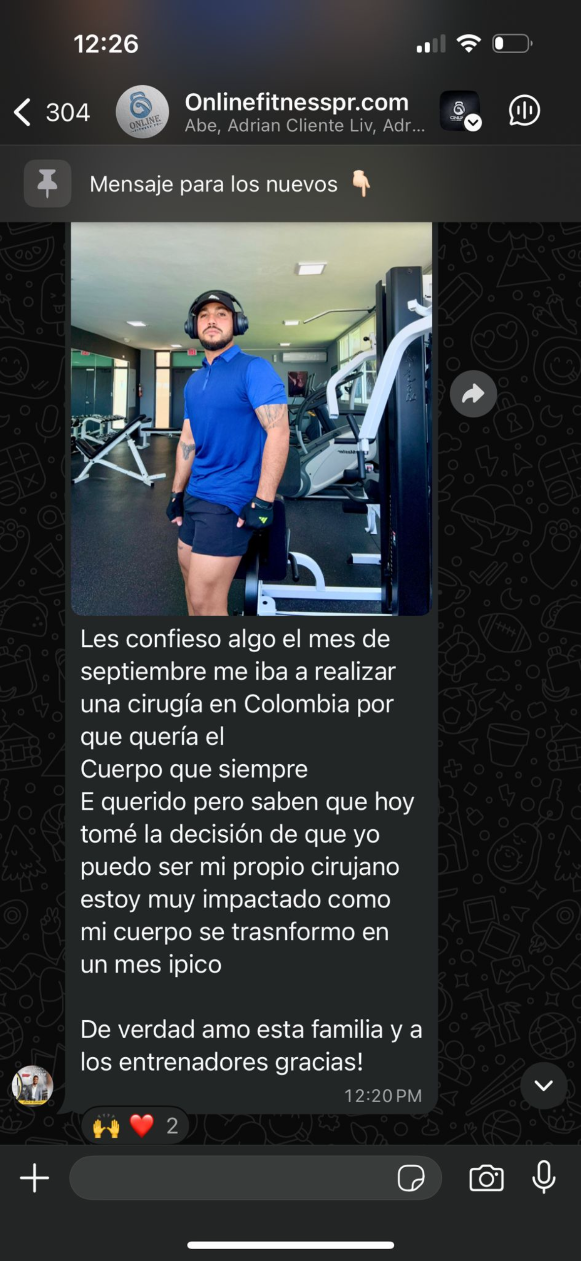 Man in blue T-shirt posing in a gym beside exercise equipment, with text overlay on a dark social media post.