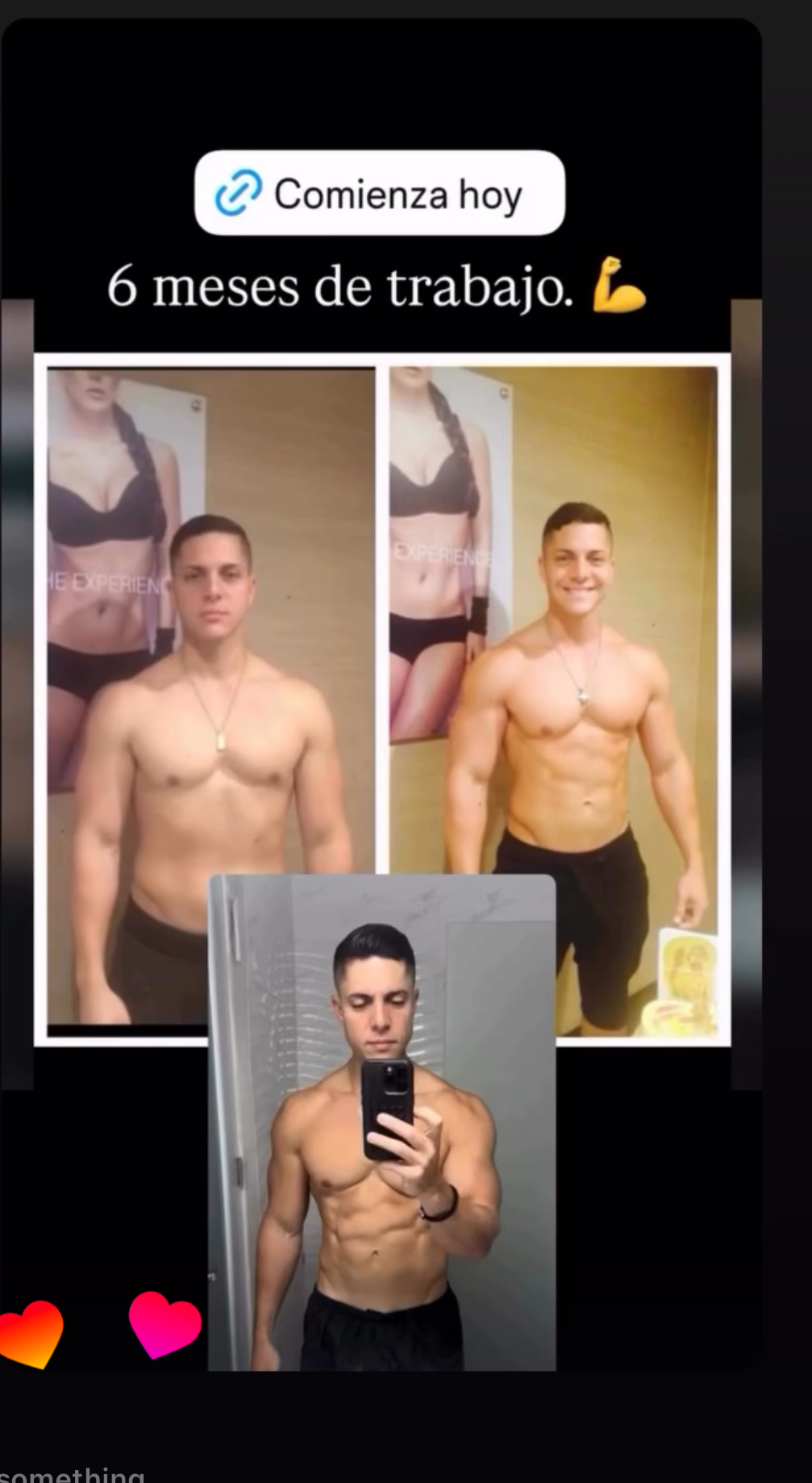 Collage de progreso físico con dos fotos de antes y después y una selfie en el gimnasio.