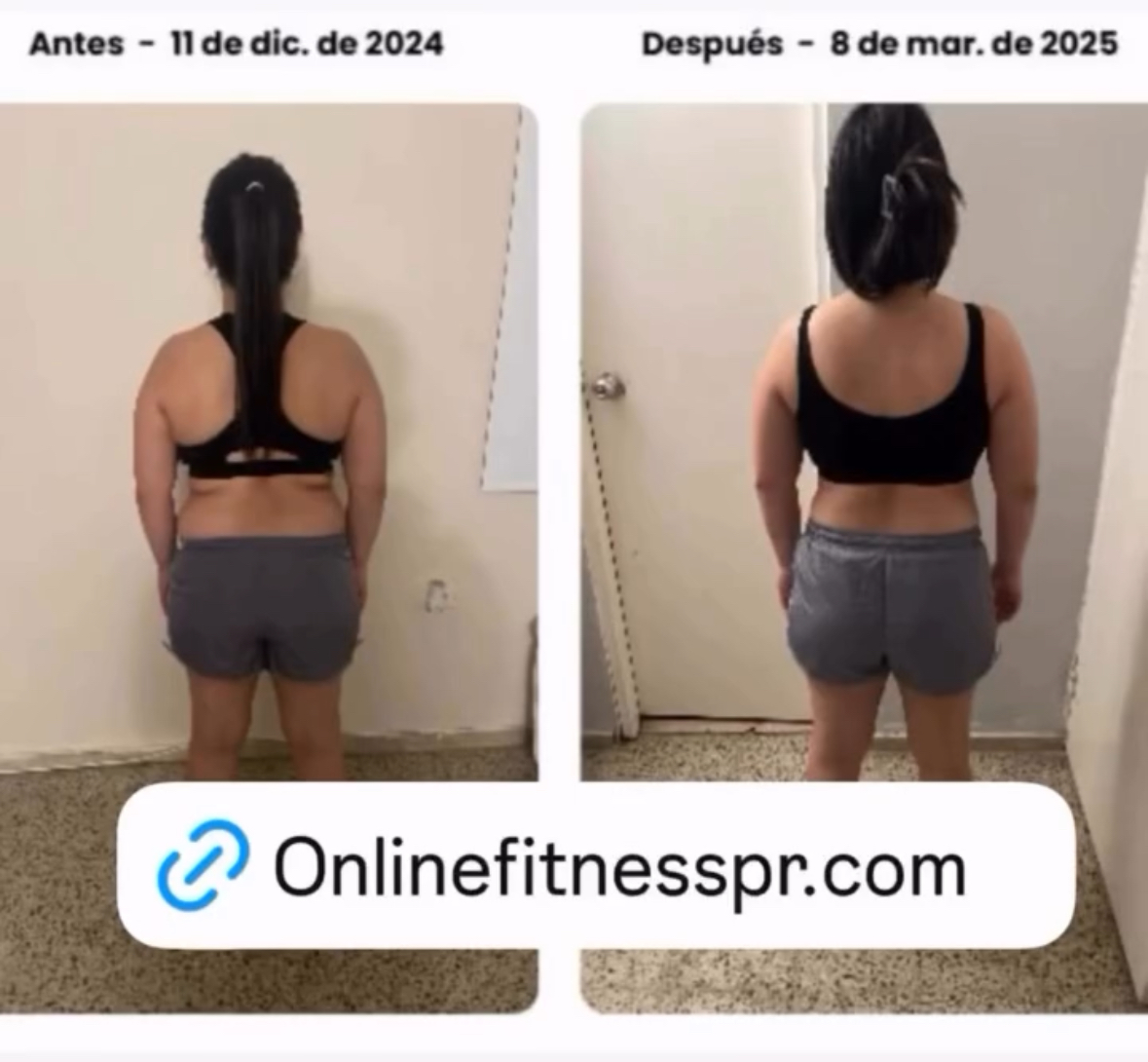 Before-and-after fitness comparison: woman in black sports bra and gray shorts, standing indoors; website label shown.