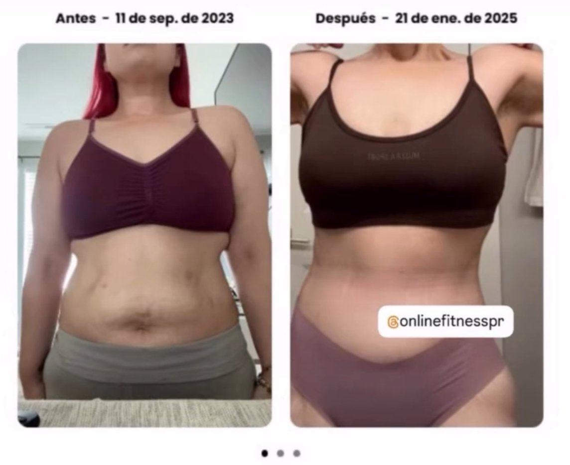 Antes y después: torso con ropa deportiva, mostrando cambio físico; izquierda 2023, derecha 2025.