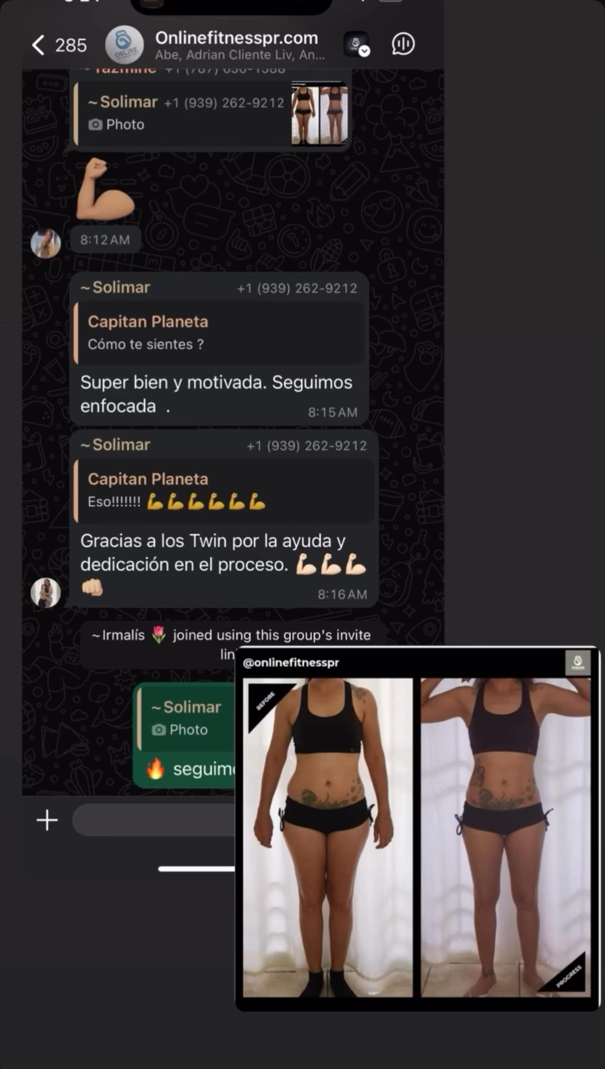 Social media chat screenshot beside before-and-after photos of a person in black underwear from front and back.