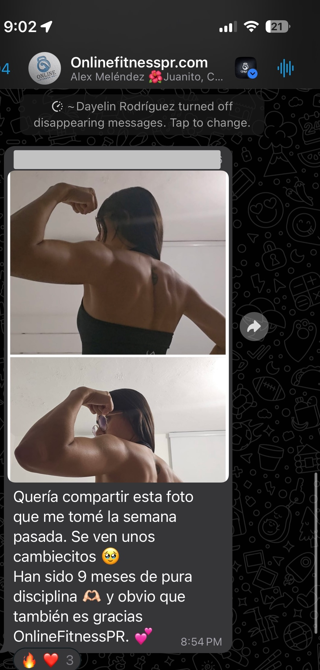 Fitness post screenshot with two flexing back poses and white text captions on a dark background