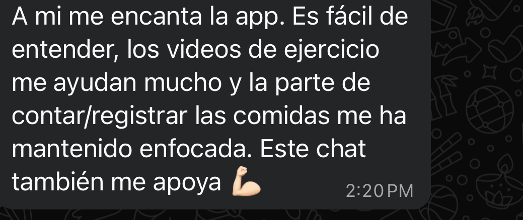 Spanish text praising the app for easy exercise videos and supportive chat; timestamp 2:20 PM