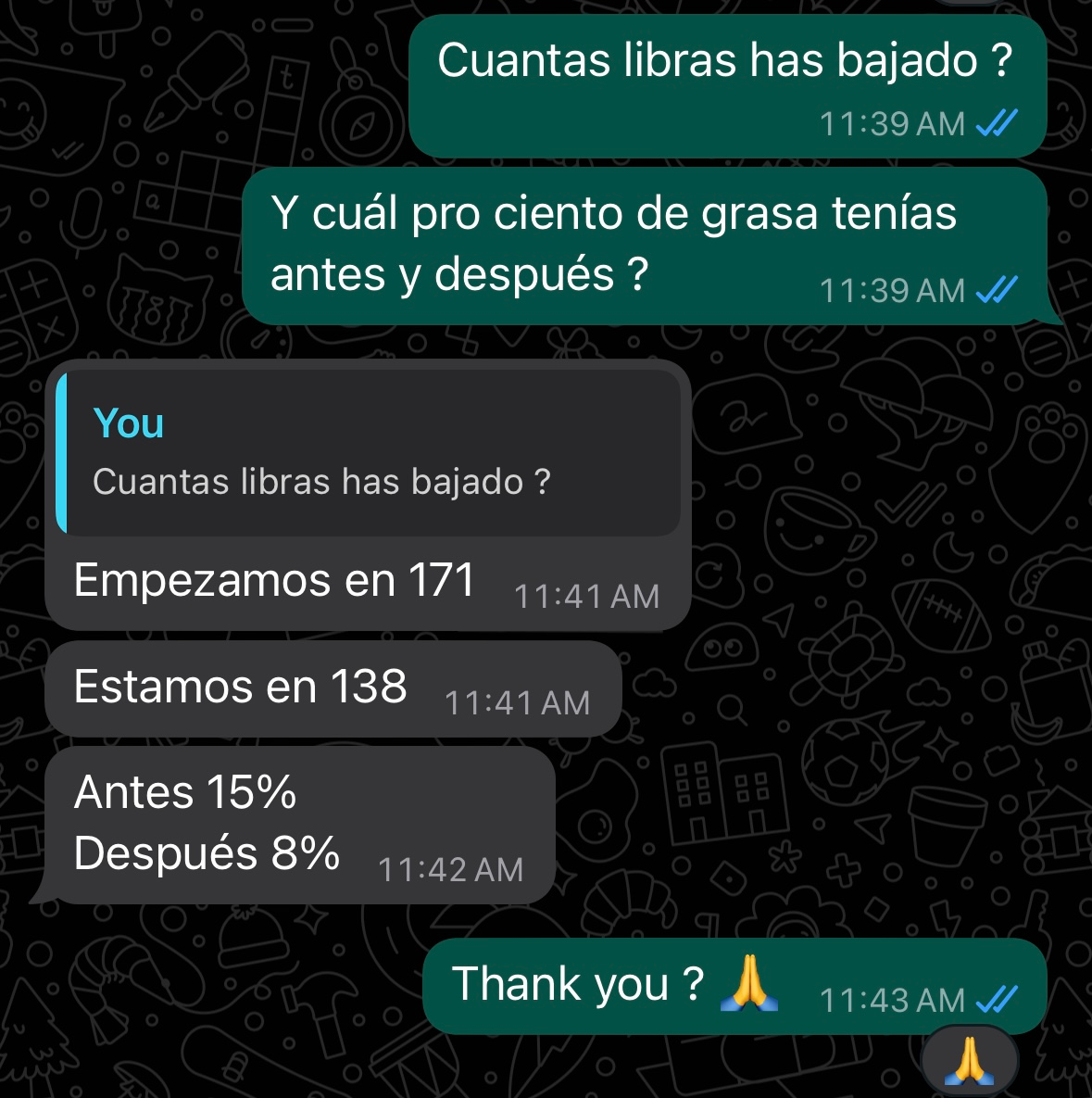 WhatsApp chat screenshot in Spanish showing weight loss and body fat percentage updates.