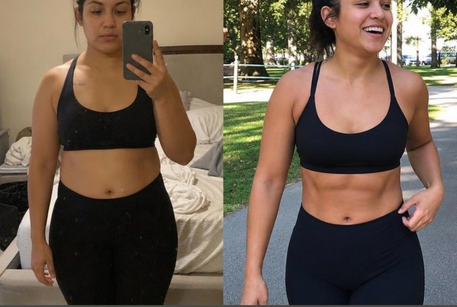 Side-by-side fitness progress photos of a person in black workout clothes, indoors and outdoors.