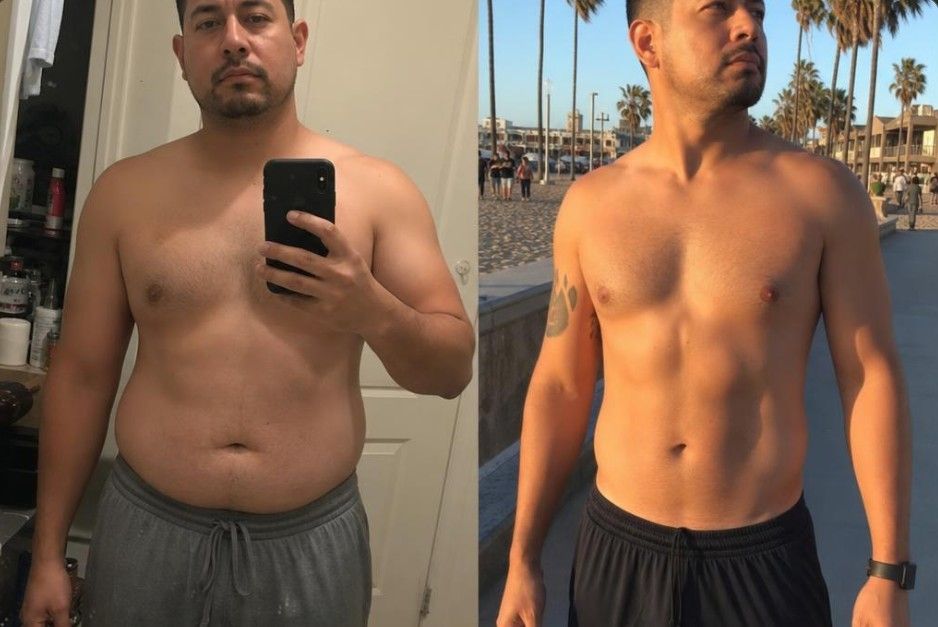 Side-by-side torso progress photos: shirtless man in a mirror selfie before and after weight loss at the beach.