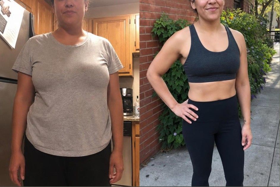 Side-by-side before-and-after fitness photo: person in gray shirt beside person in black workout outfit, standing outdoors.