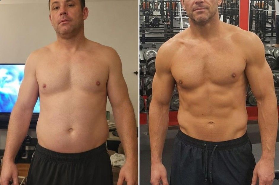 Side-by-side fitness progress photos of a shirtless man, showing a slimmer waist and more muscle definition.