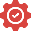 Red gear icon with a white check mark in the center.