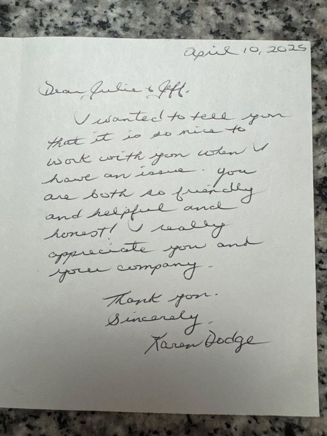 Handwritten thank you note: 
