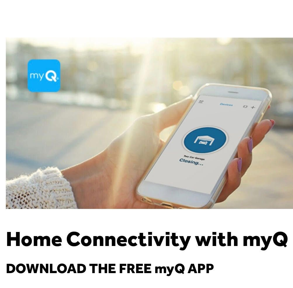 Hand holding a smartphone displaying the myQ app, with a garage door icon and text 