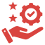 Red hand holding a gear with a checkmark and two stars.