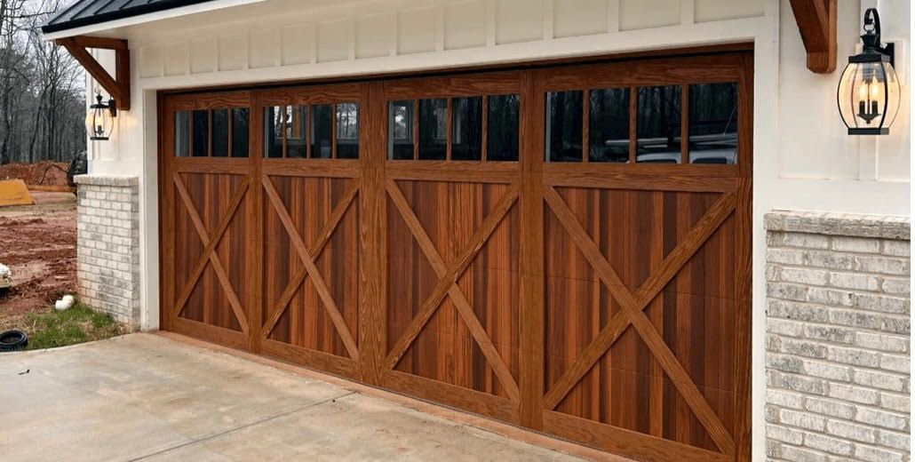 Wooden garage door with window panels and decorative 