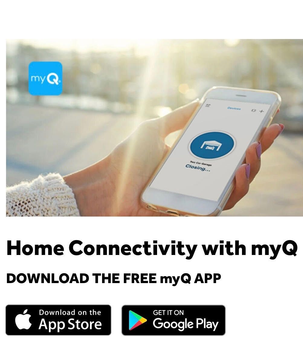 Hand holding a phone with a garage door app, promoting myQ home connectivity. Download buttons for App Store and Google Play are visible.