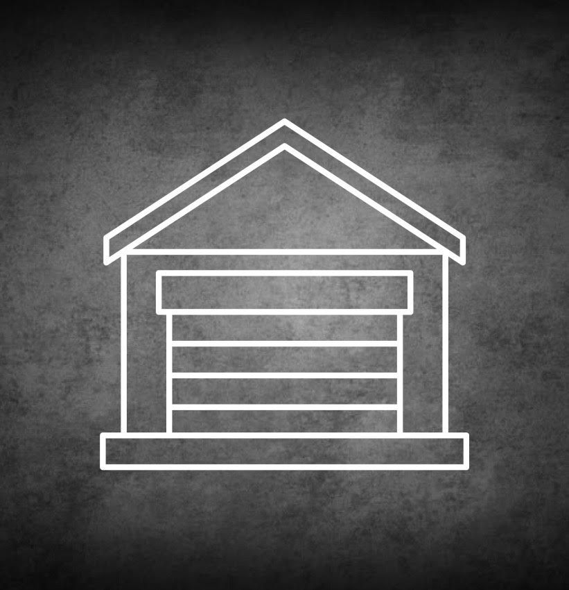 White outline of a garage against a dark, textured background.
