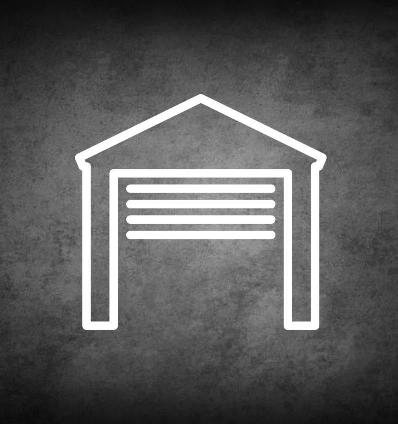 White outline of a garage with a raised door on a textured, gray background.