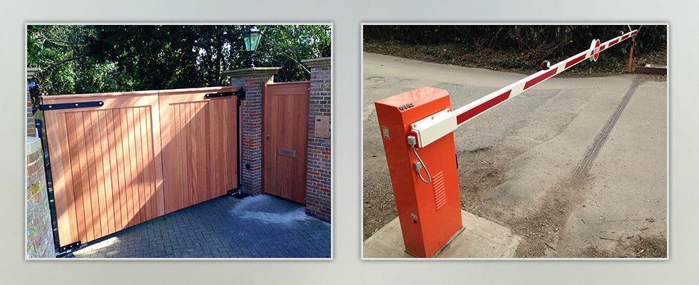 a picture of a wooden gate next to a picture of a barrier