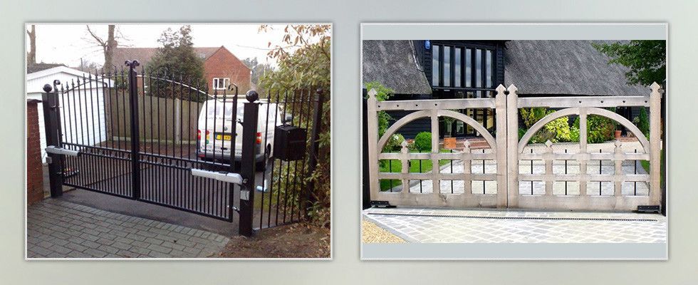 a picture of a wrought iron gate next to a picture of a wooden gate