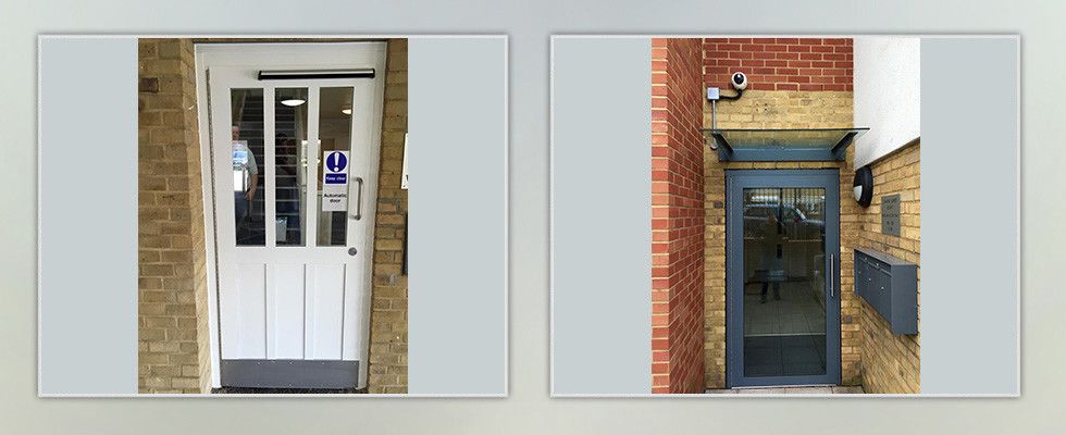two pictures of a door with a sign on it that says emergency exit