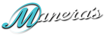 Stylized turquoise and black “Maneias” logo with a white background and shadow effect