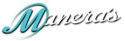 Stylized turquoise and black &ldquo;Maneias&rdquo; logo with a white background and shadow effect