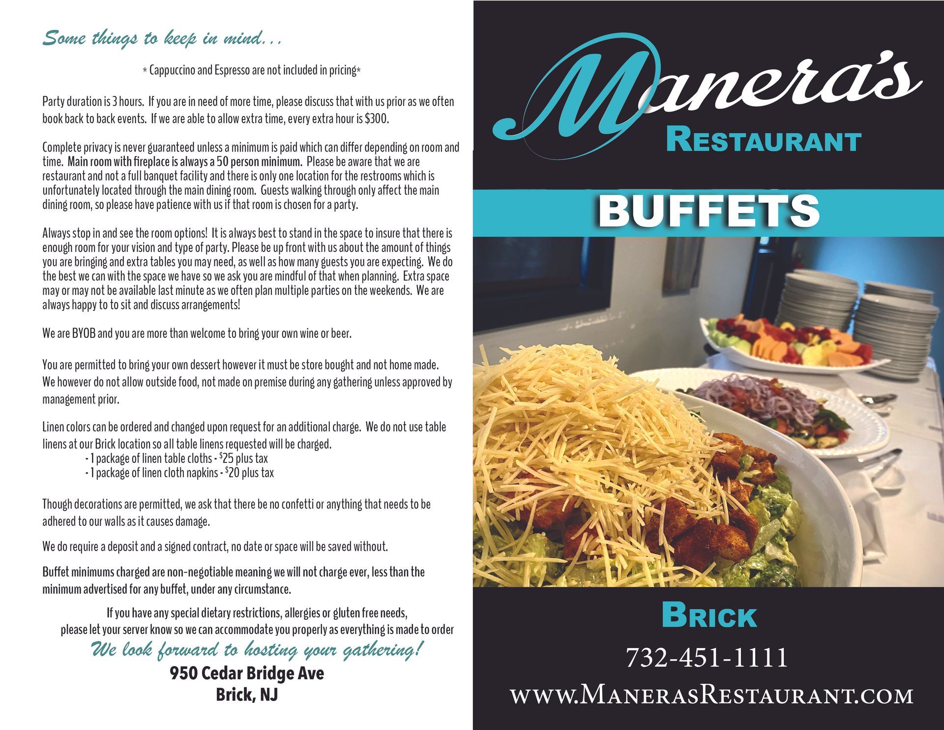 A brochure for a restaurant called manera 's restaurant buffets