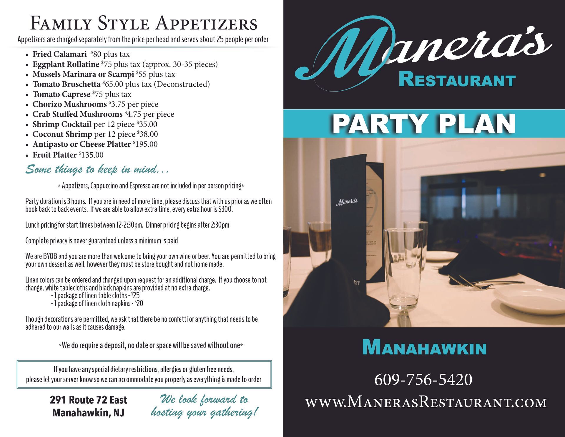 The front and back of a party plan for manera 's restaurant.