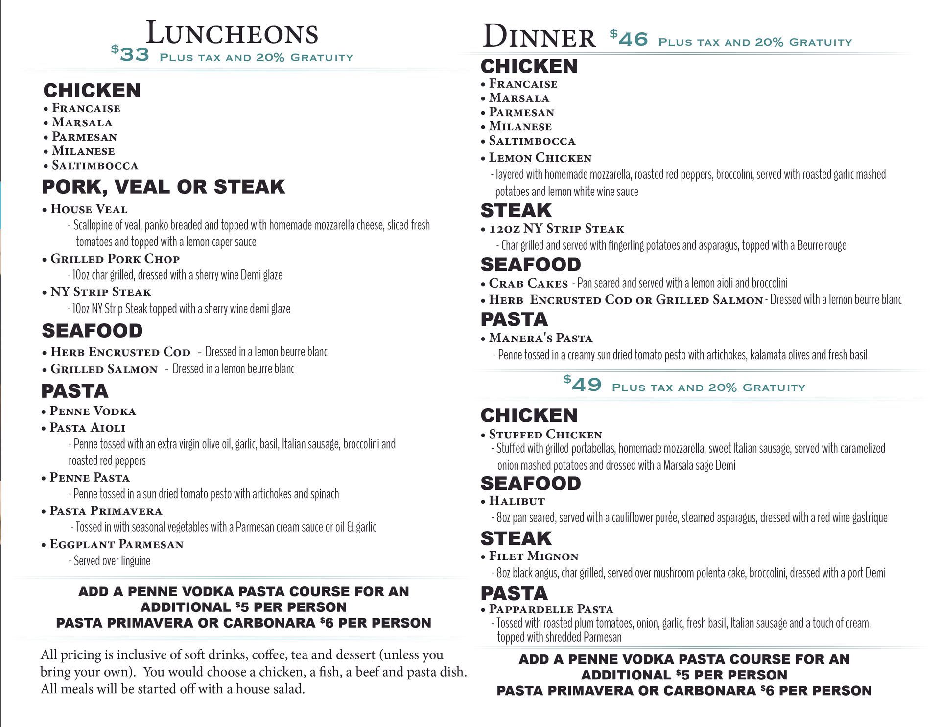 A menu for a restaurant with chicken and seafood on it