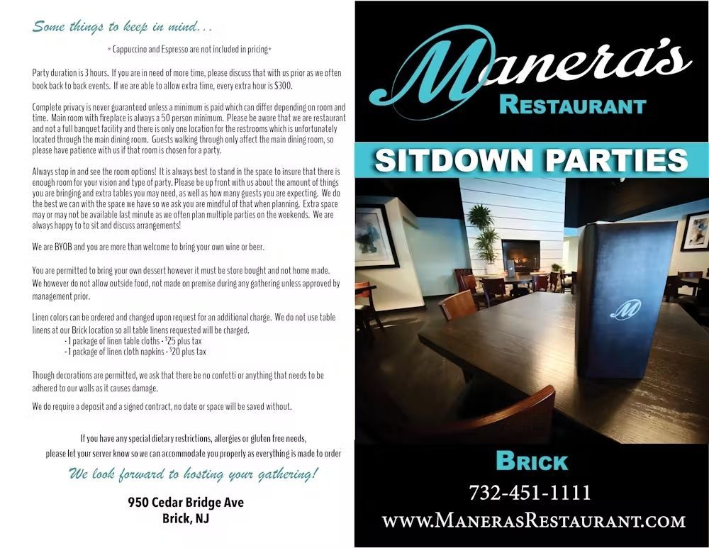 A brochure for manera 's restaurant sitdown parties