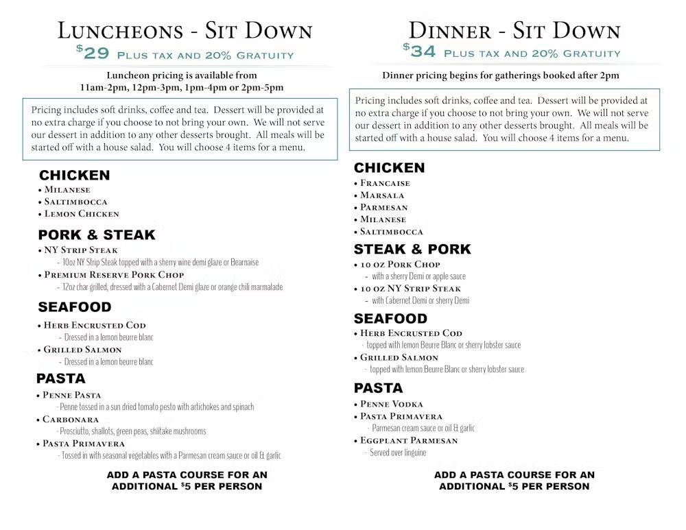A menu for a restaurant with chicken , pork and steak on it