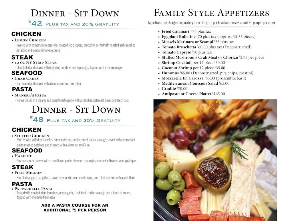 A menu for dinner sit down and family style appetizers