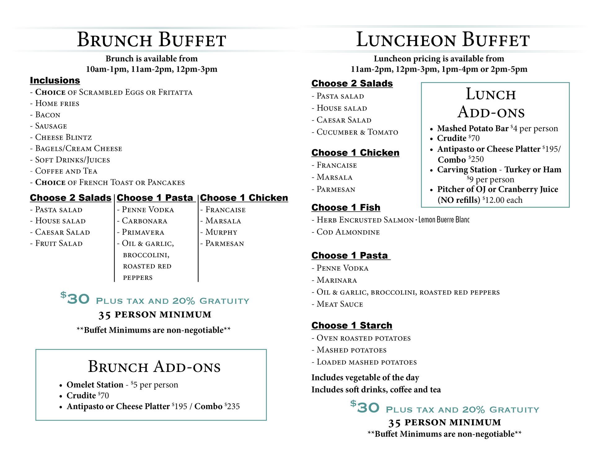 A menu for a brunch buffet and luncheon buffet