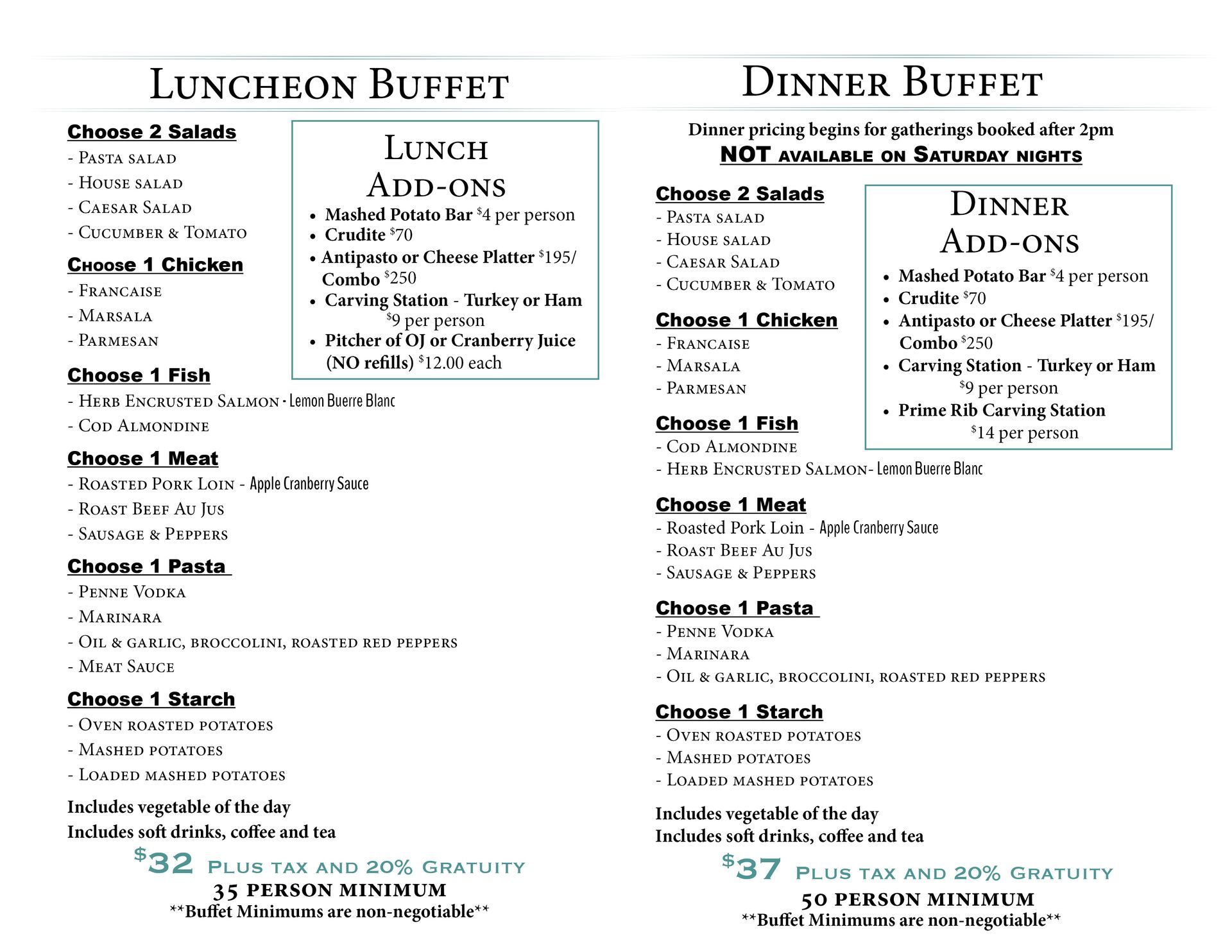 A menu for a lunch and dinner buffet