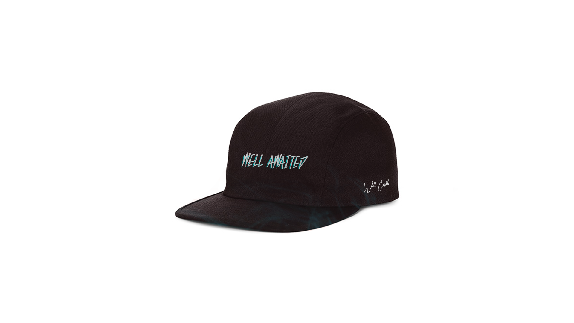 A black baseball cap with a white logo on it on a white background.