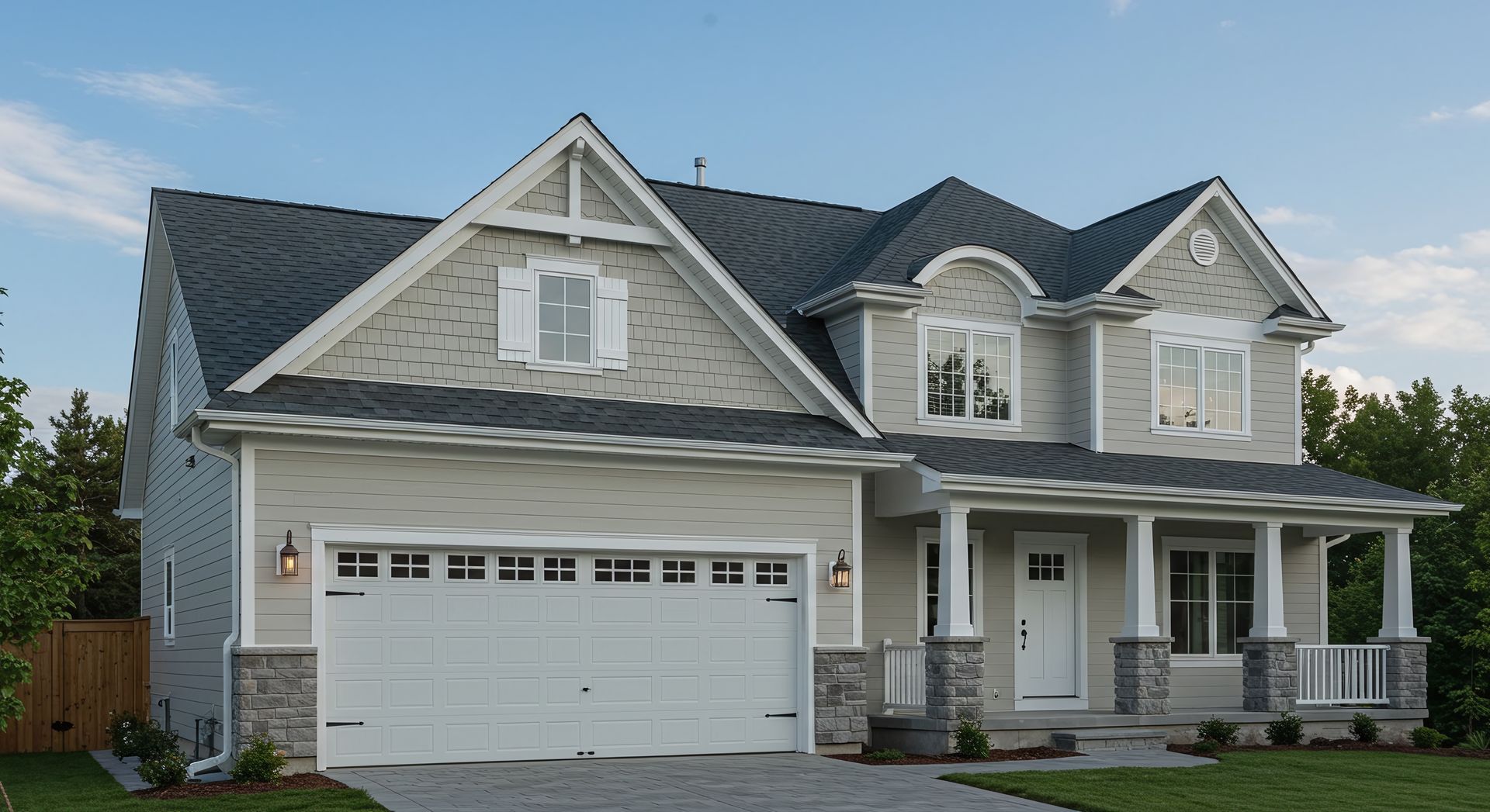 Large gray two-story suburban house with white trim, gabled roof, and a two-car garage