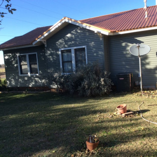 Green house with red roof, two windows, and satellite dish in a grassy yard under a blue sky.