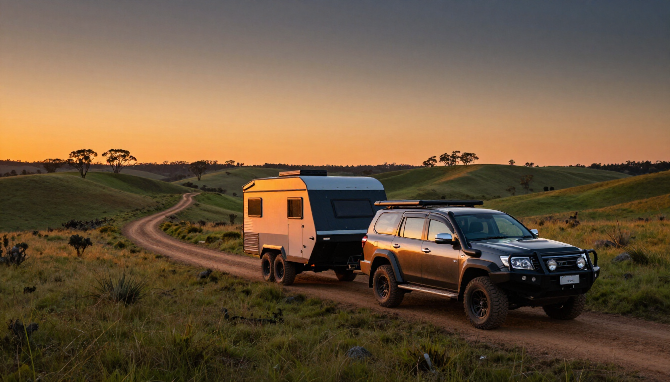 A heavy-duty 4x4 towing a caravan in the Darling Downs.