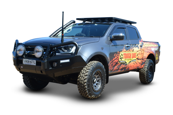 Black off-road pickup truck with roof rack, bull bar, and colorful side graphics on a white background