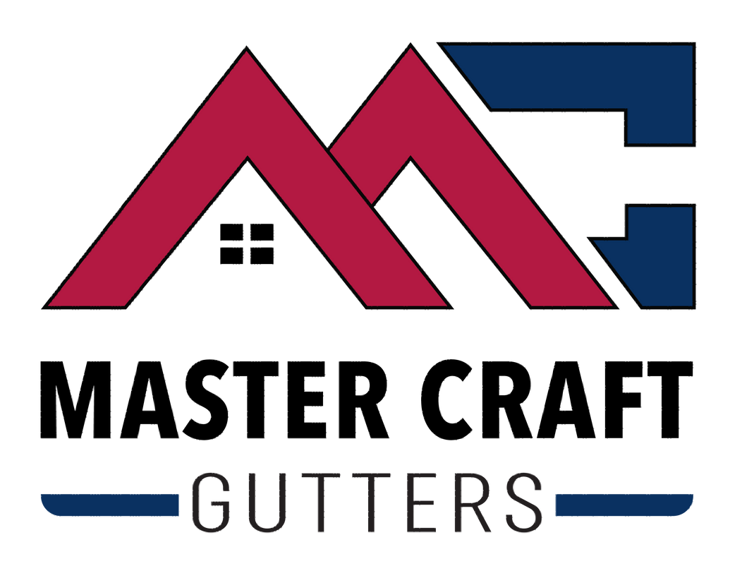 A logo for master craft gutters with a red and blue roof