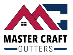 A logo for master craft gutters with a red and blue roof